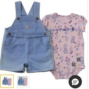Carhartt Light Blue Denim Short Overalls with Pink Floral Logo Bodysuit